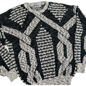 Vintage 80s Zeppelin Abstract Pullover Crewneck Black White Sweater Size Medium
